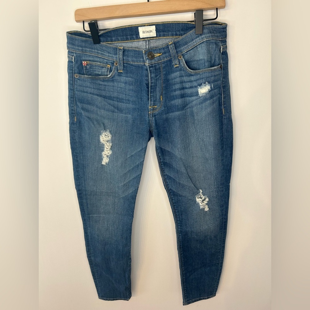 Hudson Krista Super Skinny Crop Jeans, Sz 28, Distressed Medium Wash Denim - Picture 2 of 10